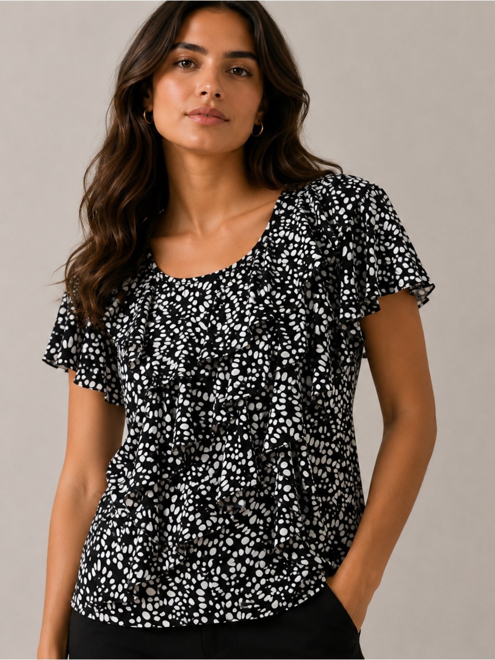 AB Studio Women’s Black White Polka Dot Ruffle Blouse Top Size M Made in USA